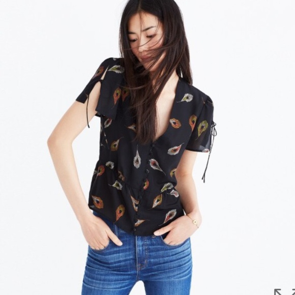 MADEWELL SILK BELLE TOP PEACOCK FEATHERS BLOUSE